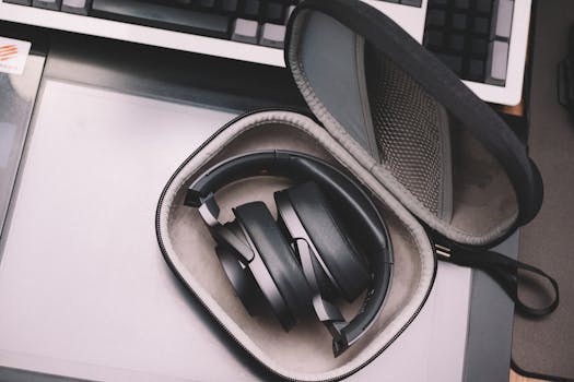 Compact black wireless headphones stored in a protective case placed on a desk, showcasing modern technology.