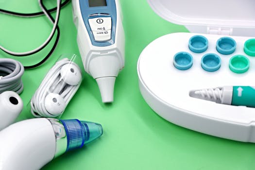 A variety of ear care devices including ear buds, medical instruments, and cleaning tools.